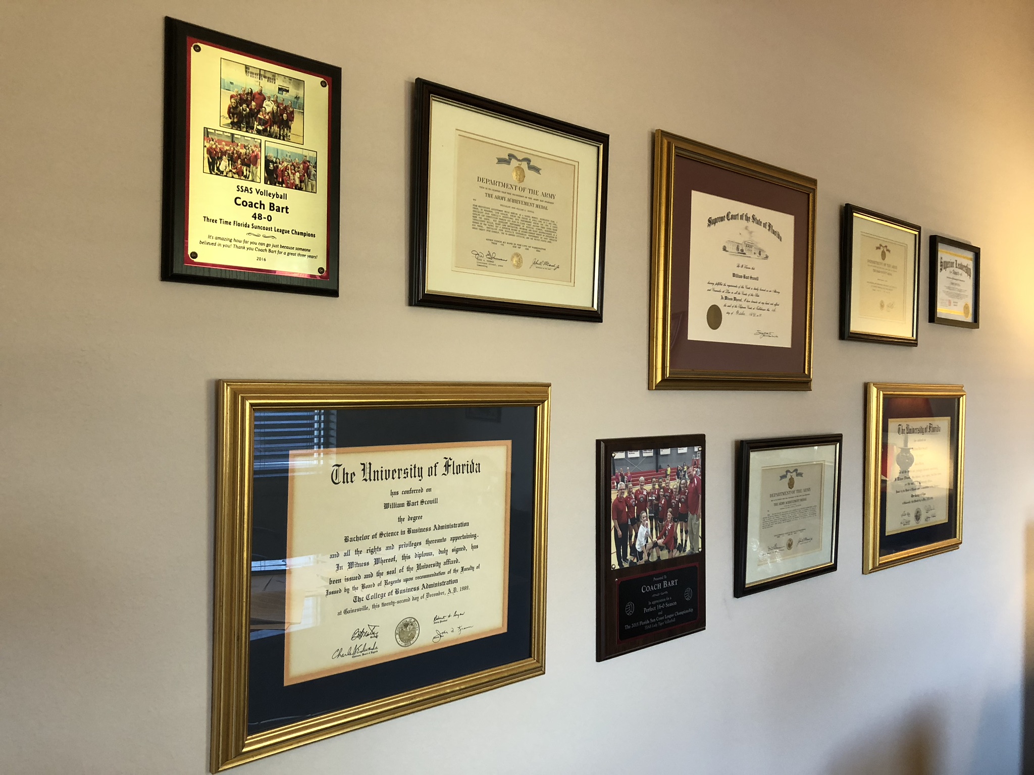 Bart Scovills Diploma Wall - Sarasota Wills, Trusts & Probate Attorney