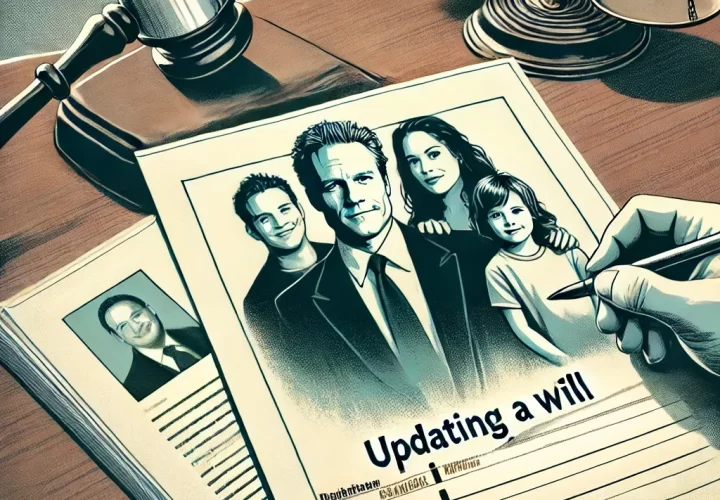 Illustration featuring a legal document, an outline of a family photo, and a judge's gavel in the background, symbolizing the importance of updating a will to include new family members.