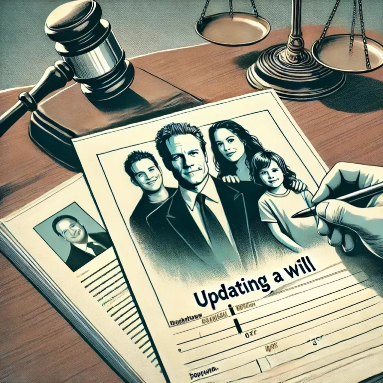 Illustration featuring a legal document, an outline of a family photo, and a judge's gavel in the background, symbolizing the importance of updating a will to include new family members.