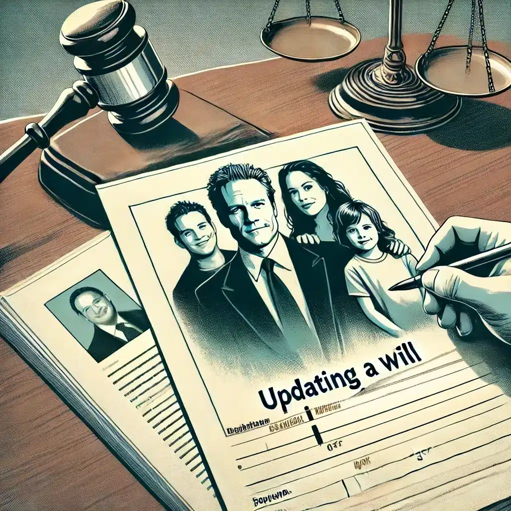 Illustration featuring a legal document, an outline of a family photo, and a judge's gavel in the background, symbolizing the importance of updating a will to include new family members.
