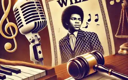 Illustration featuring a microphone, music notes, a document labeled 'Will,' and a judge's gavel in the background, symbolizing the legal disputes and family conflicts over James Brown's estate.