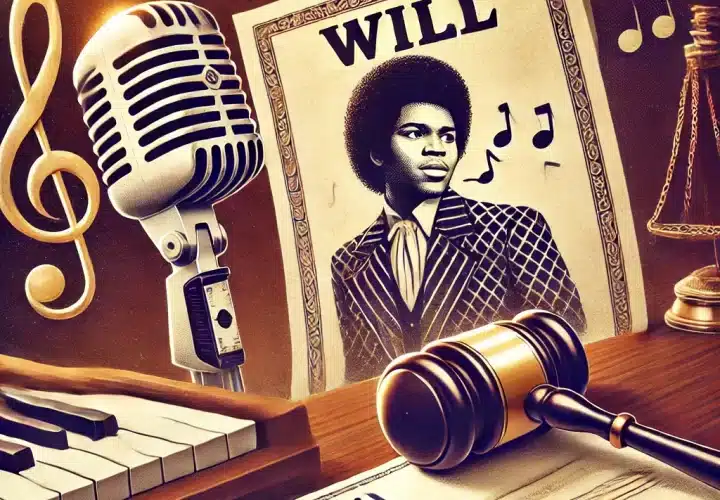 Illustration featuring a microphone, music notes, a document labeled 'Will,' and a judge's gavel in the background, symbolizing the legal disputes and family conflicts over James Brown's estate.