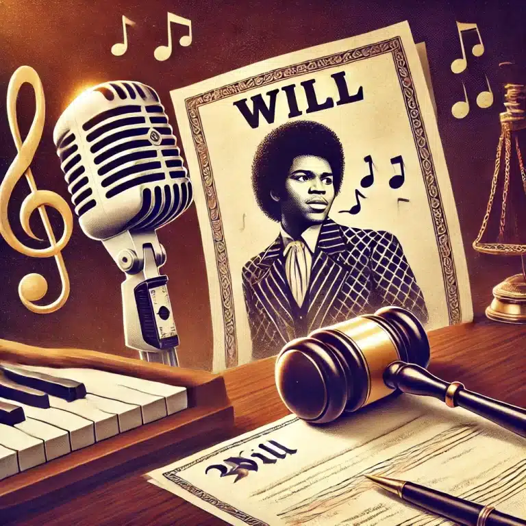 Illustration featuring a microphone, music notes, a document labeled 'Will,' and a judge's gavel in the background, symbolizing the legal disputes and family conflicts over James Brown's estate.