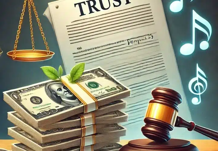 Illustration showing stacks of money, music notes, a blank document, and a judge's gavel in the background, symbolizing the tax and legal disputes over Michael Jackson's estate and intellectual property.