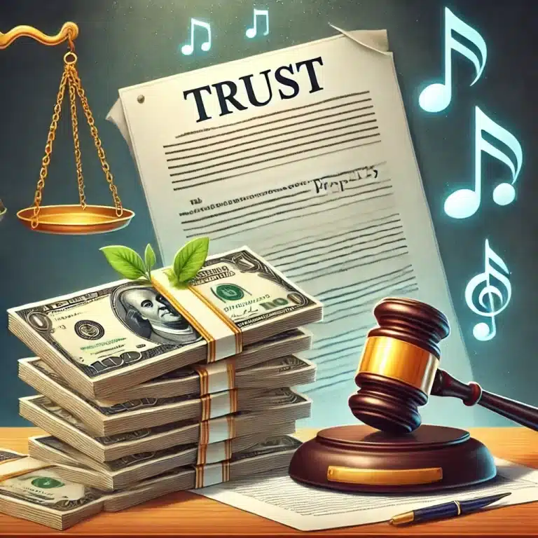 Illustration showing stacks of money, music notes, a blank document, and a judge's gavel in the background, symbolizing the tax and legal disputes over Michael Jackson's estate and intellectual property.