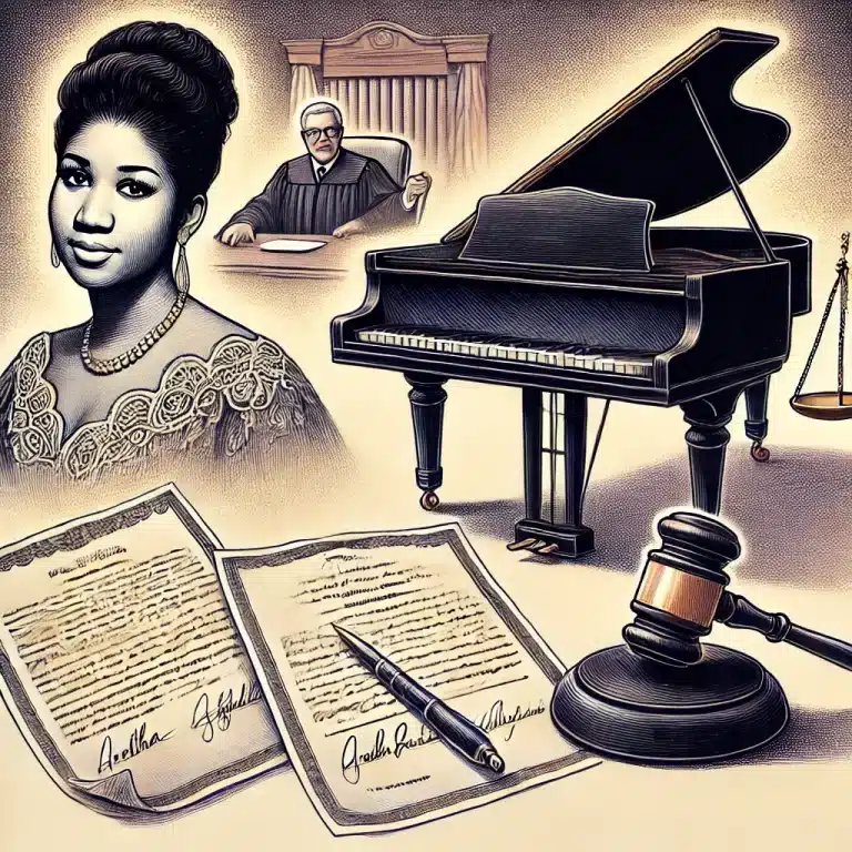 Illustration featuring a piano, handwritten documents, and a judge's gavel in the background, symbolizing the legal and family disputes over Aretha Franklin's estate and multiple wills.
