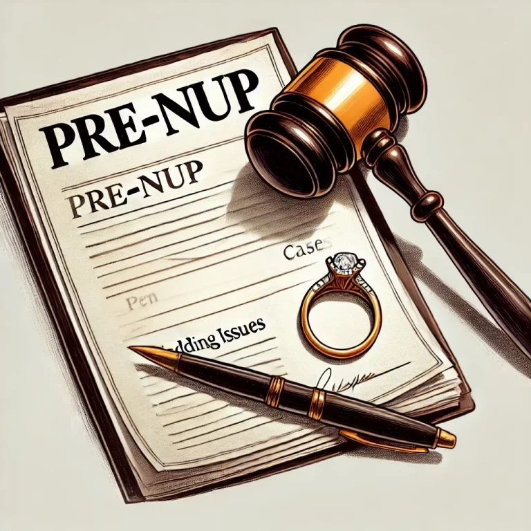Illustration featuring a document labeled 'Pre-Nup' with a judge's gavel and a single wedding ring placed beside a pen, symbolizing legal and inheritance issues in high-profile estate cases.