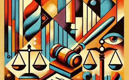 Abstract, cubist-inspired illustration with bold geometric shapes, featuring a gavel, scales of justice, and a document, symbolizing inheritance and legal disputes in a fragmented style.