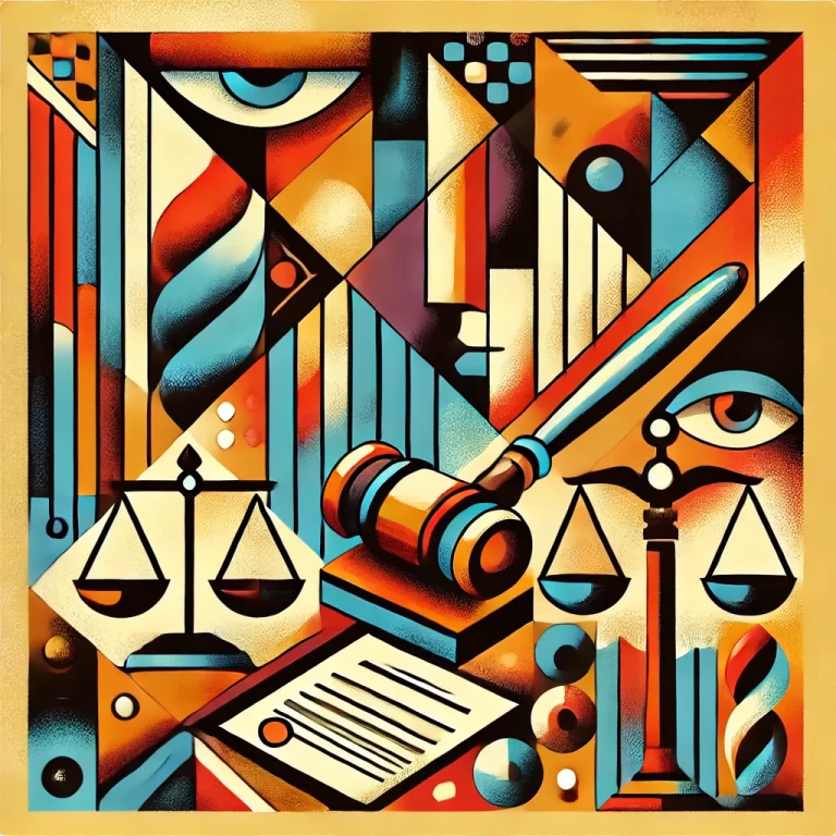 Abstract, cubist-inspired illustration with bold geometric shapes, featuring a gavel, scales of justice, and a document, symbolizing inheritance and legal disputes in a fragmented style.