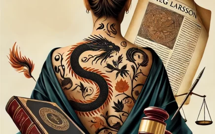 Illustration featuring the back of a woman with a dragon tattoo, a manuscript, and a gavel, symbolizing the inheritance disputes and literary legacy of Stieg Larsson's estate.