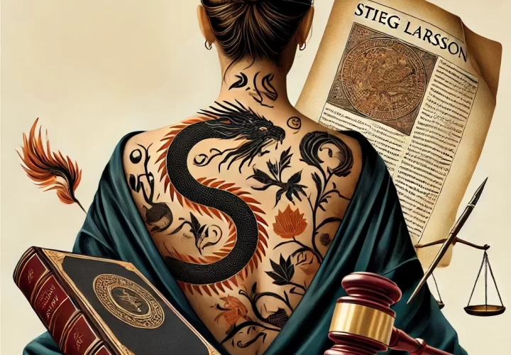 Illustration featuring the back of a woman with a dragon tattoo, a manuscript, and a gavel, symbolizing the inheritance disputes and literary legacy of Stieg Larsson's estate.