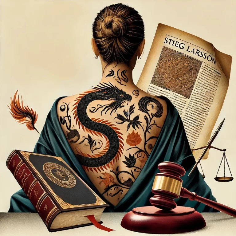 Illustration featuring the back of a woman with a dragon tattoo, a manuscript, and a gavel, symbolizing the inheritance disputes and literary legacy of Stieg Larsson's estate.