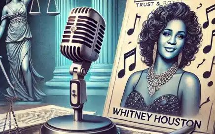 Illustration of a microphone, music notes, and a stack of documents labeled 'Trust' with a judge's gavel in the background, symbolizing the trust and royalty disputes over Whitney Houston's estate.