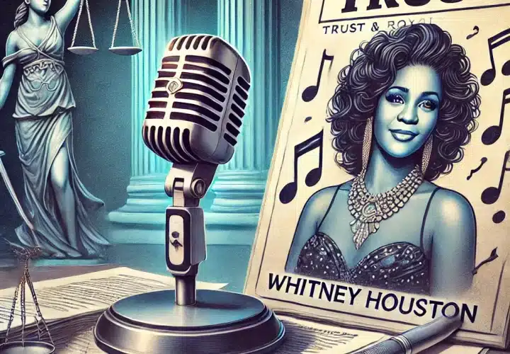 Illustration of a microphone, music notes, and a stack of documents labeled 'Trust' with a judge's gavel in the background, symbolizing the trust and royalty disputes over Whitney Houston's estate.