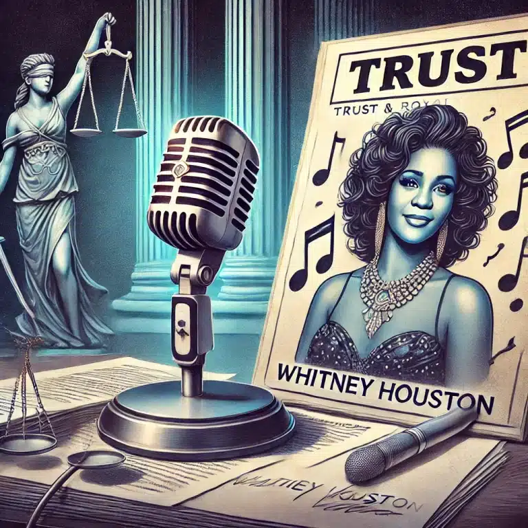 Illustration of a microphone, music notes, and a stack of documents labeled 'Trust' with a judge's gavel in the background, symbolizing the trust and royalty disputes over Whitney Houston's estate.
