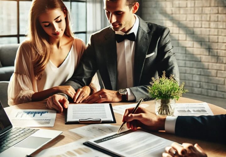 Newlywed couple discussing estate planning with a financial advisor in a bright, modern office setting.