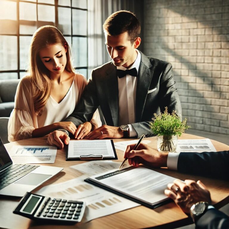 Newlywed couple discussing estate planning with a financial advisor in a bright, modern office setting.