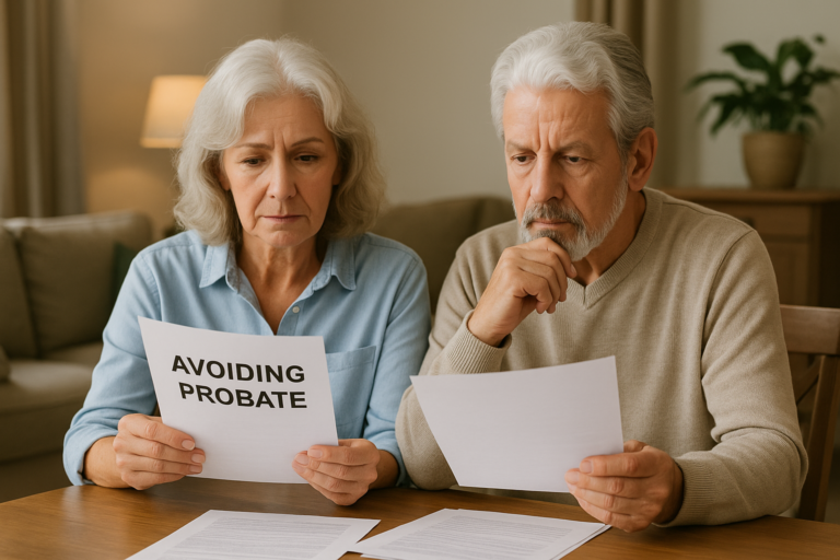 peaceful retirees reviewing papers at home.