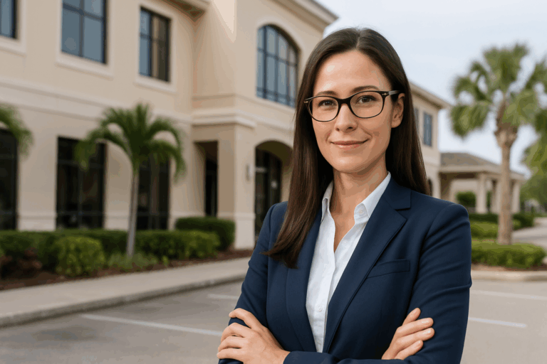 Confident female Florida business owner standing outside a modern office building