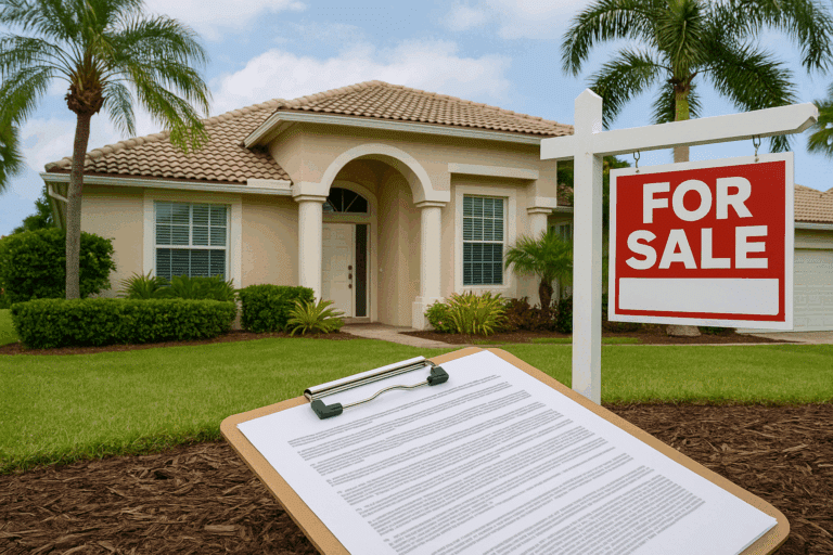 Florida home with a For Sale sign and legal documents on a clipboard in the foreground