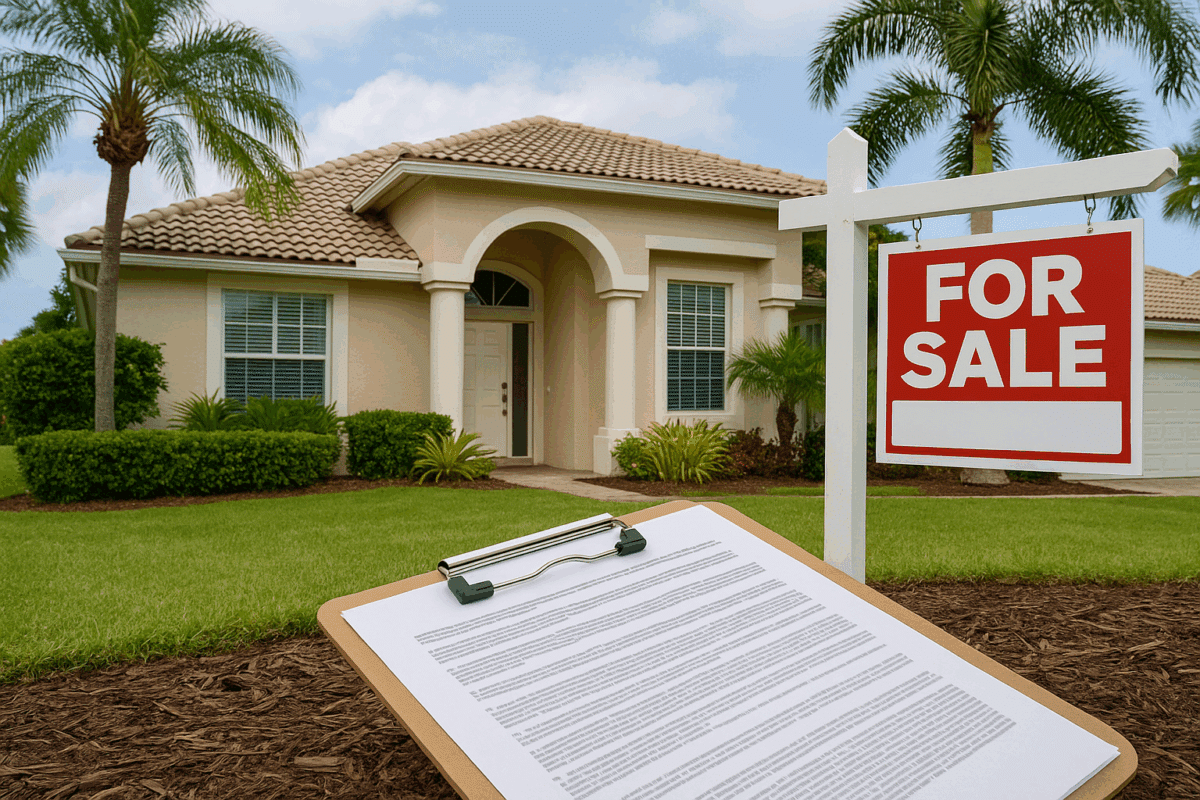 Florida home with a For Sale sign and legal documents on a clipboard in the foreground