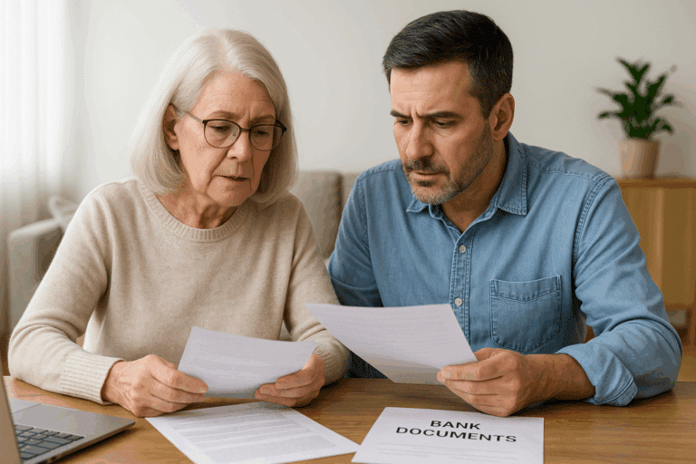 Senior woman and adult son reviewing bank documents at a table in Florida