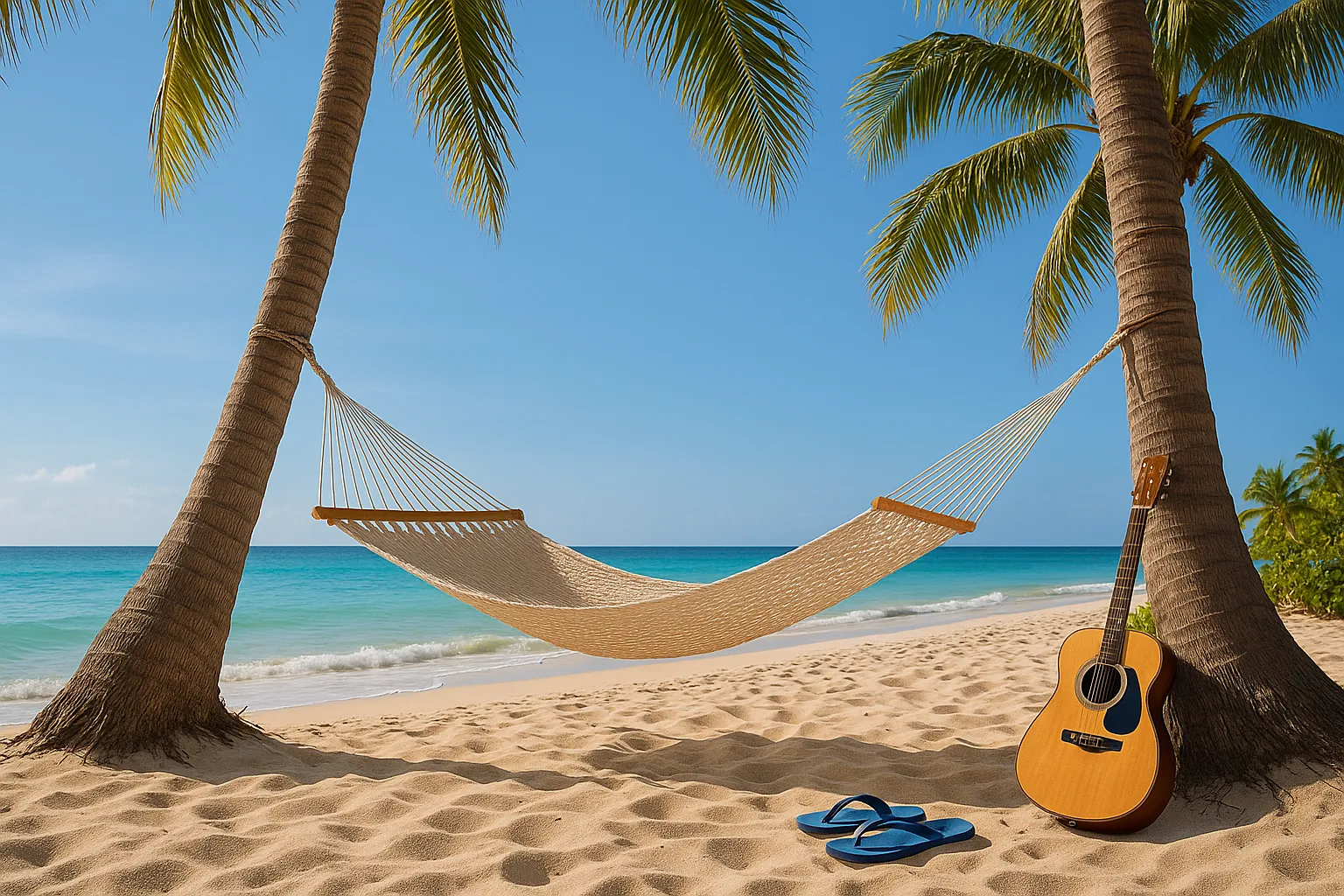 Tropical beach hammock with guitar and flip-flops symbolizing Jimmy Buffett’s legacy