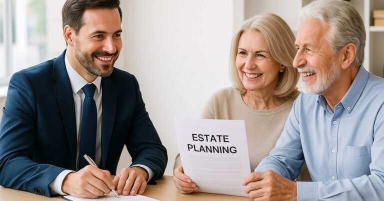 Estate planning attorney meeting with happy senior couple