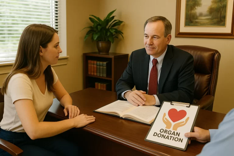Family in Florida discussing estate planning and organ donation with an attorney.