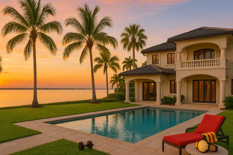 Florida waterfront estate with palm trees and pool at sunset, featuring a wrestling belt as a nod to Hulk Hogan