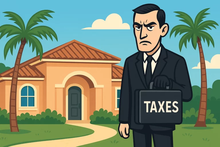 Cartoon tax collector with stern expression holding taxes briefcase outside Florida home, symbolizing estate tax concerns at death