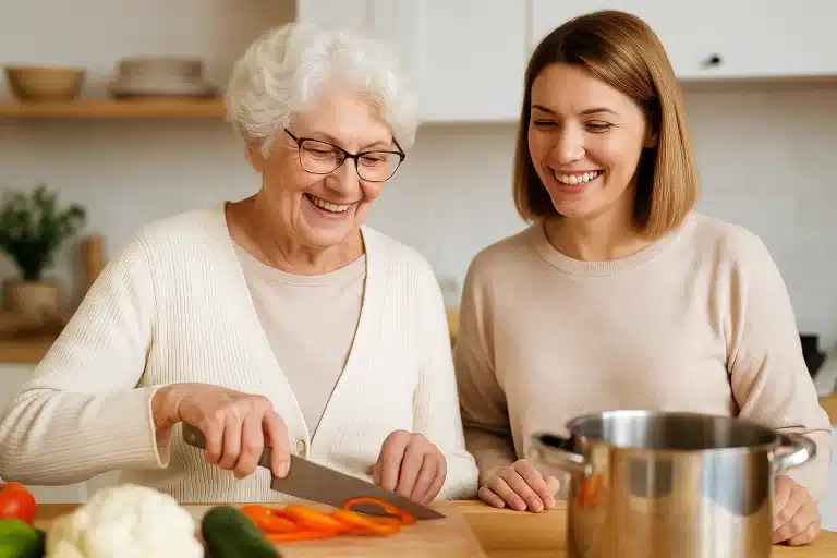Smiling adult daughter cooking with elderly mother in a bright kitchen