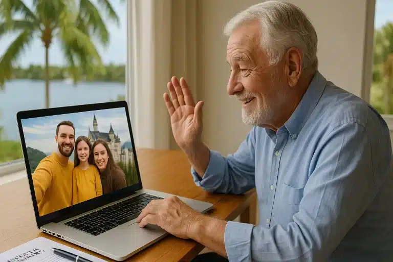 Elderly man in Florida video calling family abroad with castle in background, symbolizing foreign beneficiaries in estate planning