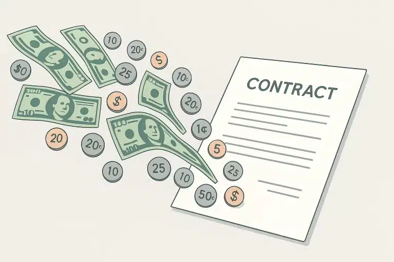 Realistic digital illustration of coins and dollar bills flowing from a contract to symbolize residual income in a Florida estate plan