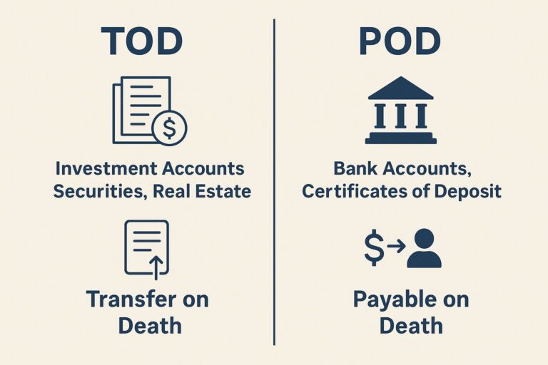 Infographic showing the differences between TOD and POD in estate planning.