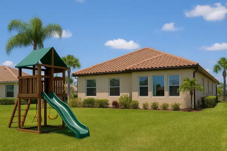 Florida backyard with stucco home, tile roof, palm trees, and a wooden playset representing family homestead protection laws