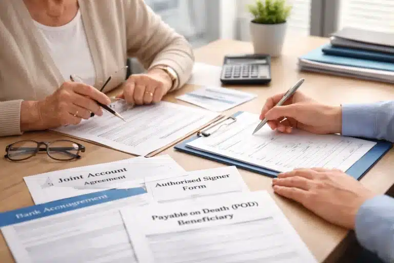 Florida bank customer reviewing joint owner, authorized signer, and payable on death account paperwork