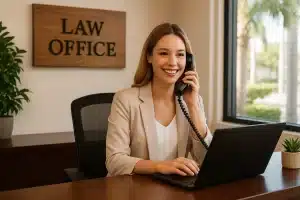 Friendly Florida law firm receptionist answering the phone at a modern office with palm trees visible outside