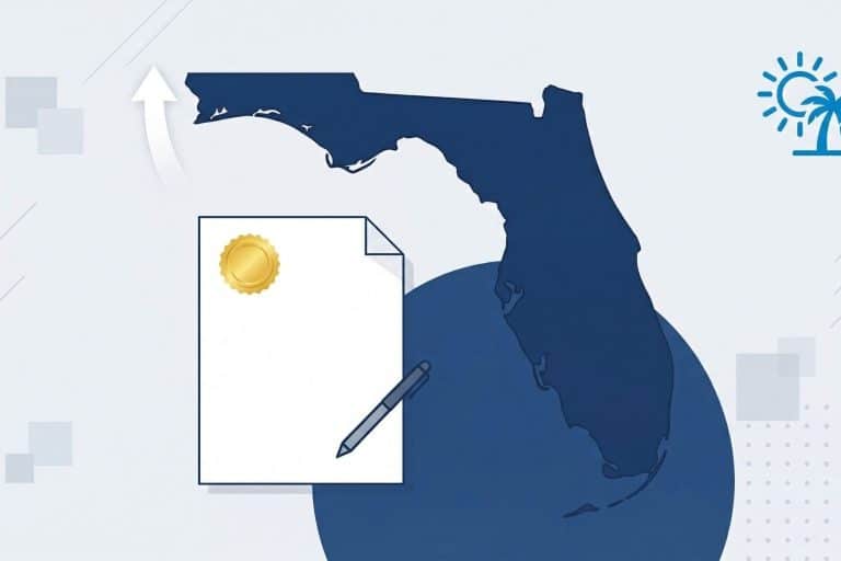 Flat design illustration of the state of Florida in navy blue with a legal document bearing a gold seal and pen in the foreground, representing the Florida Declaration of Domicile filing process for estate planning purposes