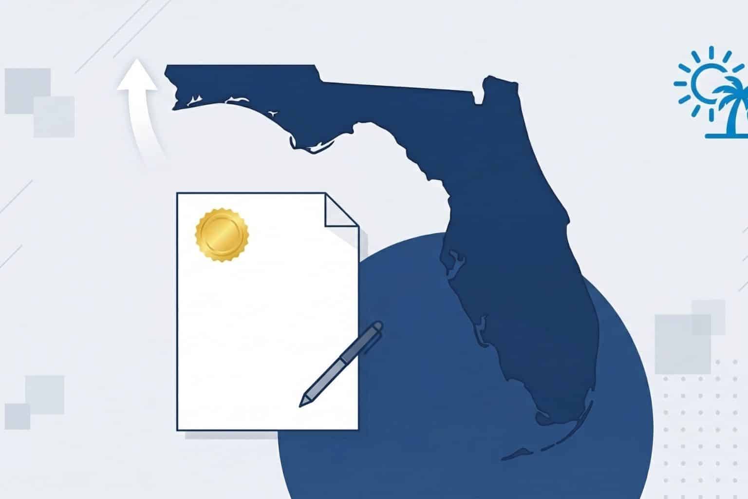 Flat design illustration of the state of Florida in navy blue with a legal document bearing a gold seal and pen in the foreground, representing the Florida Declaration of Domicile filing process for estate planning purposes