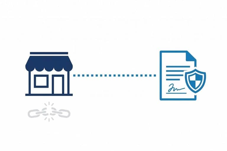 Flat design illustration of a small storefront connected by a dotted line to a signed legal document with a shield icon, representing a business power of attorney protecting a small business owner from the effects of incapacity