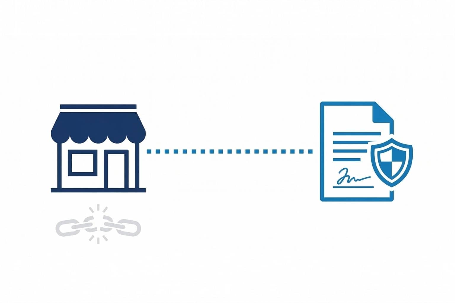 Flat design illustration of a small storefront connected by a dotted line to a signed legal document with a shield icon, representing a business power of attorney protecting a small business owner from the effects of incapacity