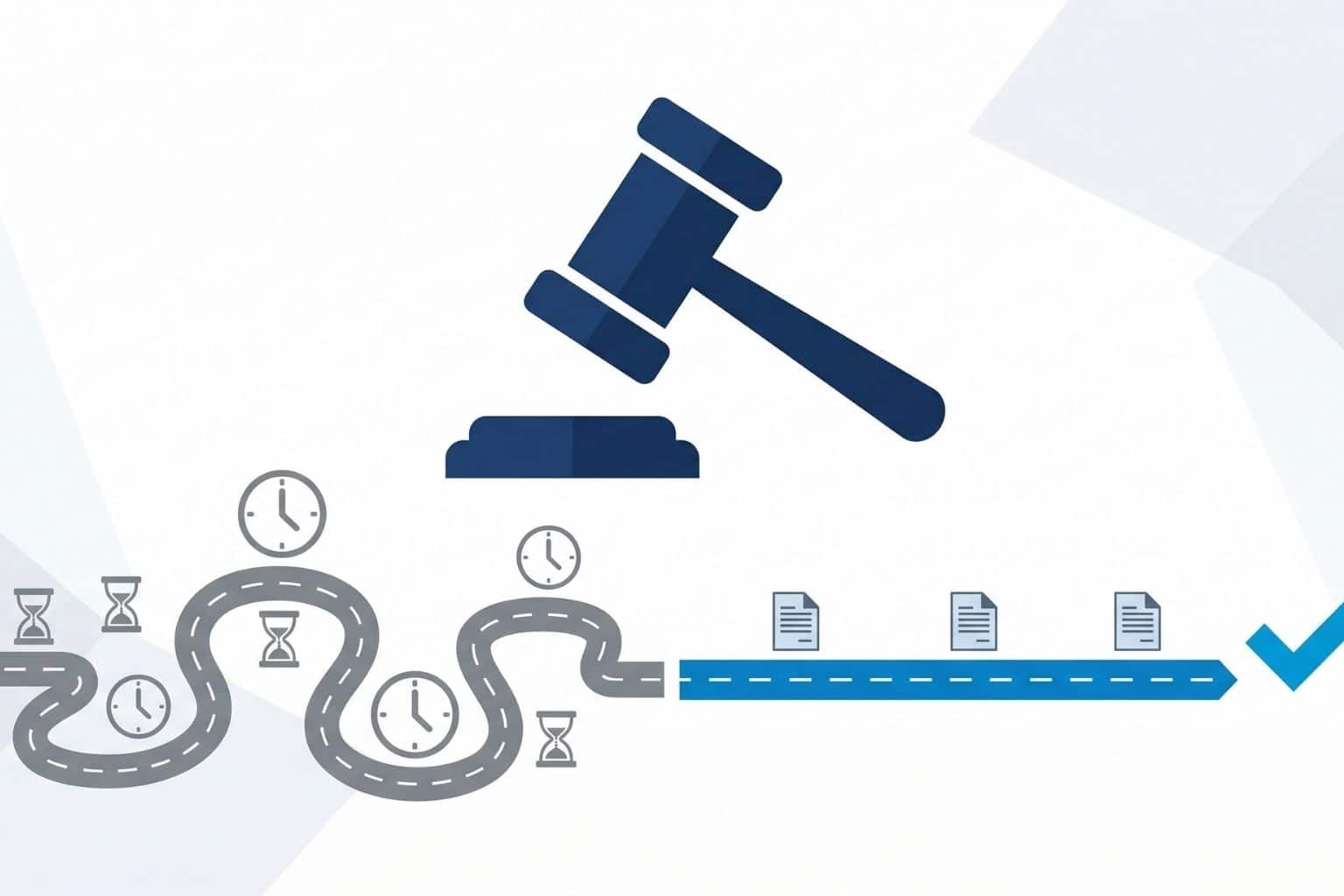 Flat design illustration of a judge's gavel above two contrasting paths — a long winding road with clocks and hourglasses representing formal probate, and a short straight blue path with document icons and a checkmark representing Florida Summary Administration