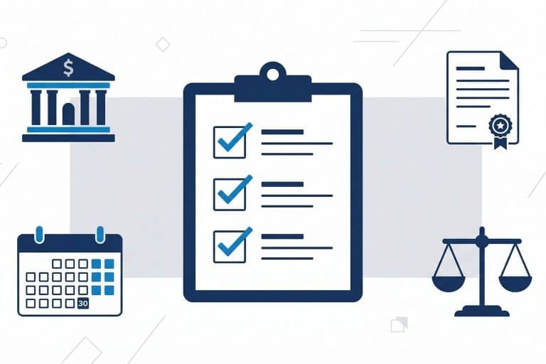 Flat design illustration of a trustee checklist clipboard with blue checkmarks, surrounded by icons of a bank, a legal certificate, a calendar showing 30 days, and a balance scale, representing the first 30 days of trust administration duties under Florida law