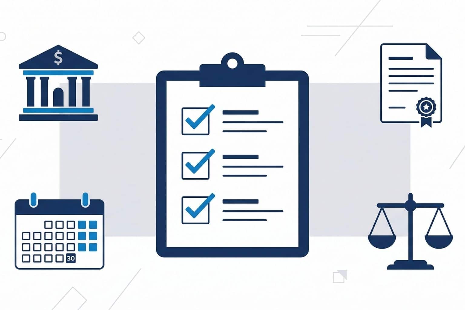 Flat design illustration of a trustee checklist clipboard with blue checkmarks, surrounded by icons of a bank, a legal certificate, a calendar showing 30 days, and a balance scale, representing the first 30 days of trust administration duties under Florida law