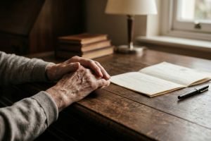 Elderly hands resting beside a last will and testament document on a wooden desk, representing will contests and probate disputes in Florida.