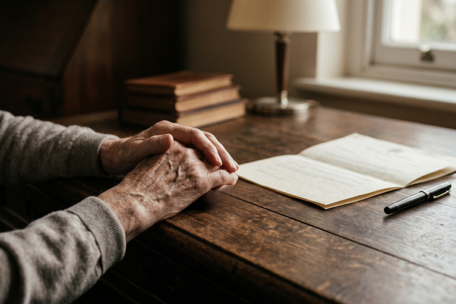 Elderly hands resting beside a last will and testament document on a wooden desk, representing will contests and probate disputes in Florida.