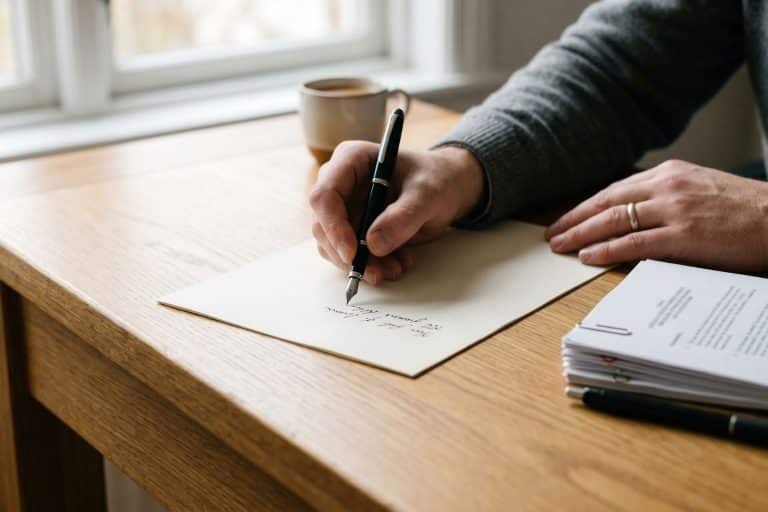 A hand writing on paper beside formal legal documents, representing the risks of handwritten wills and DIY estate planning in Florida.
