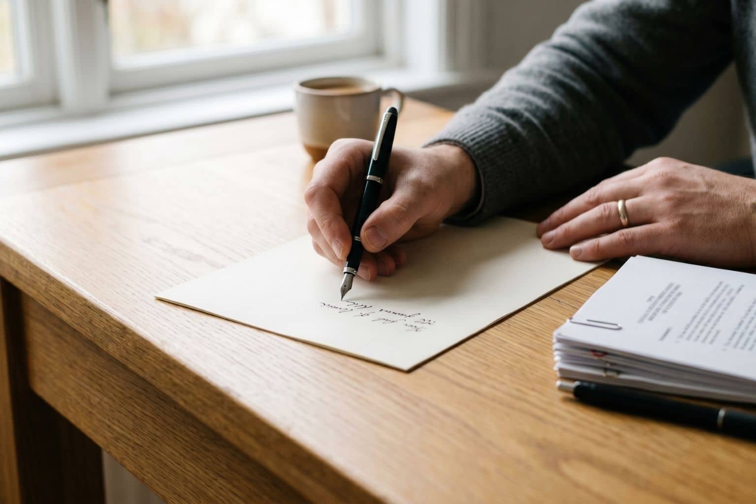 A hand writing on paper beside formal legal documents, representing the risks of handwritten wills and DIY estate planning in Florida.