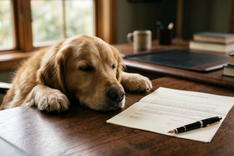 A dog resting beside a legal document on a desk, representing pet trust planning and estate planning for pet owners in Florida.